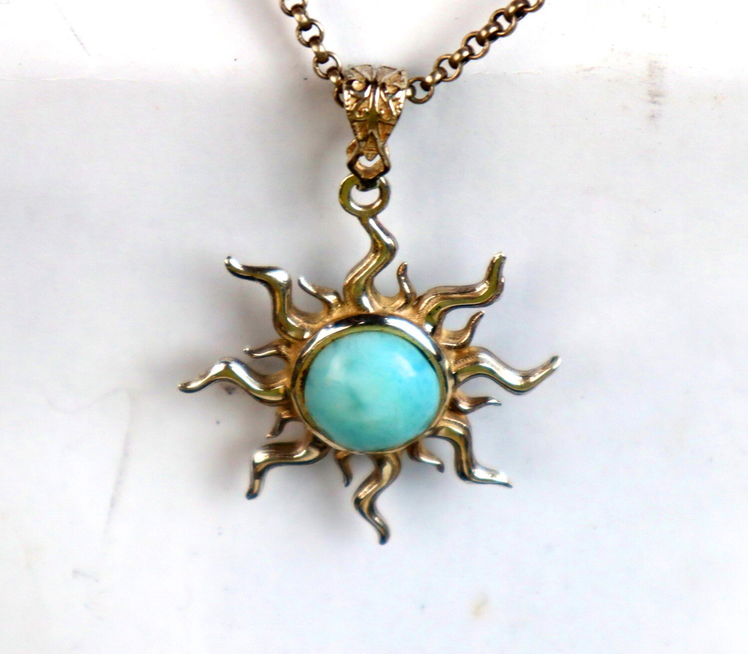 Charming Design Natural Sky Blue Larimar .925 Sterling Silver Sun Pendant 49mm – photo 5