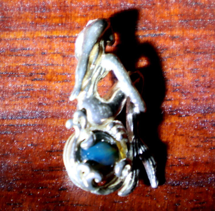 Exquisite Natural Deep Blue Amber .925 Sterling Silver Mermaid Nixe Pendant 27mm – photo 4