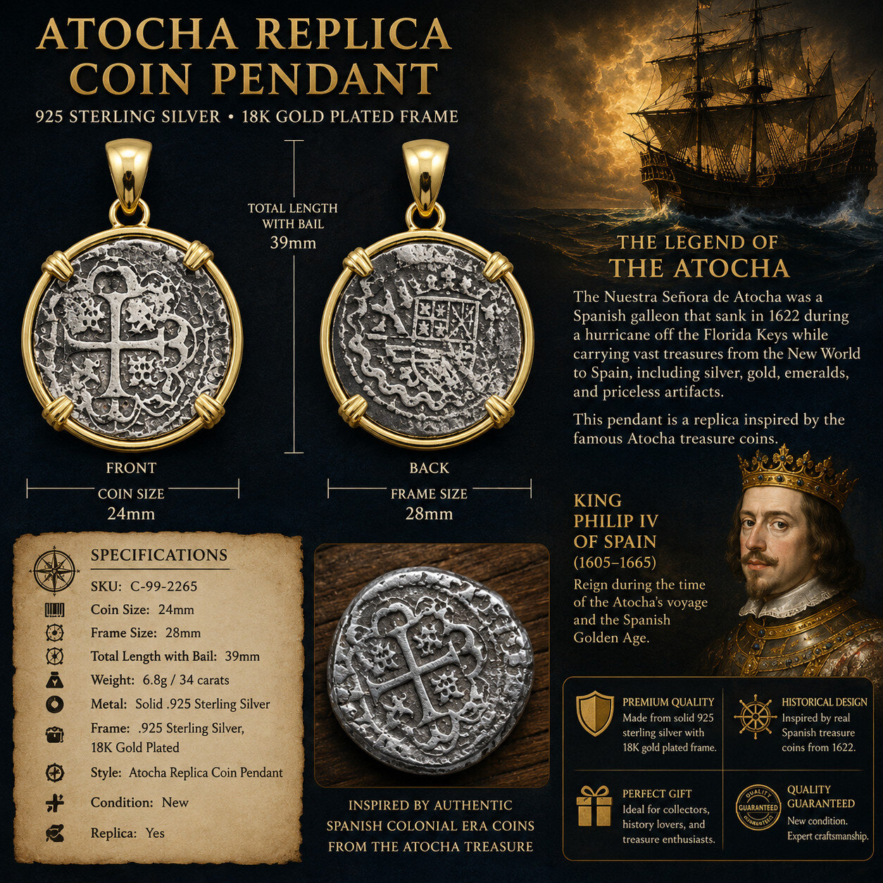 Atocha Treasure Coin Inspired Pendant 925 Silver 18K Gold Plated 39mm 6.8 grams – photo 2