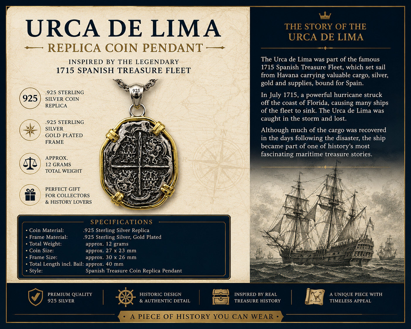 Urca de Lima Style Coin Pendant Solid 925 Silver 18K Gold Plated Bezel 40mm – photo 2