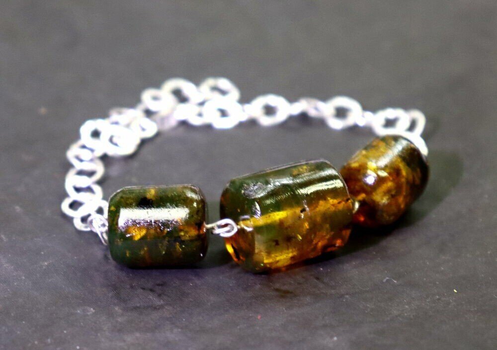 Beautiful Natural Translucent Deep Green Amber .925 Sterling Silver Bracelet 18c – photo 4