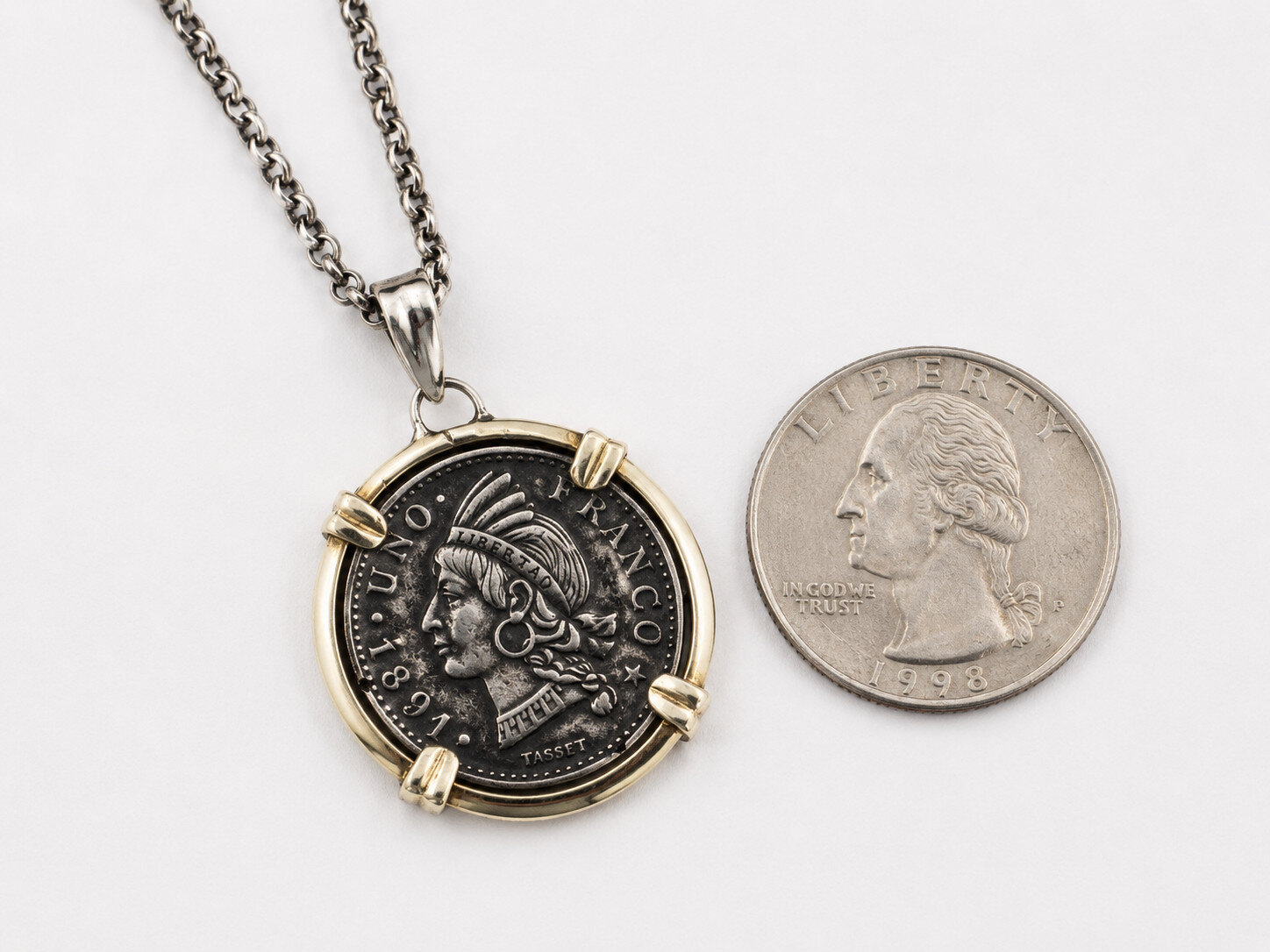 Historic Dominican Coin Pendant 925 Sterling Silver 18K Gold Frame 9.6 grams – photo 5