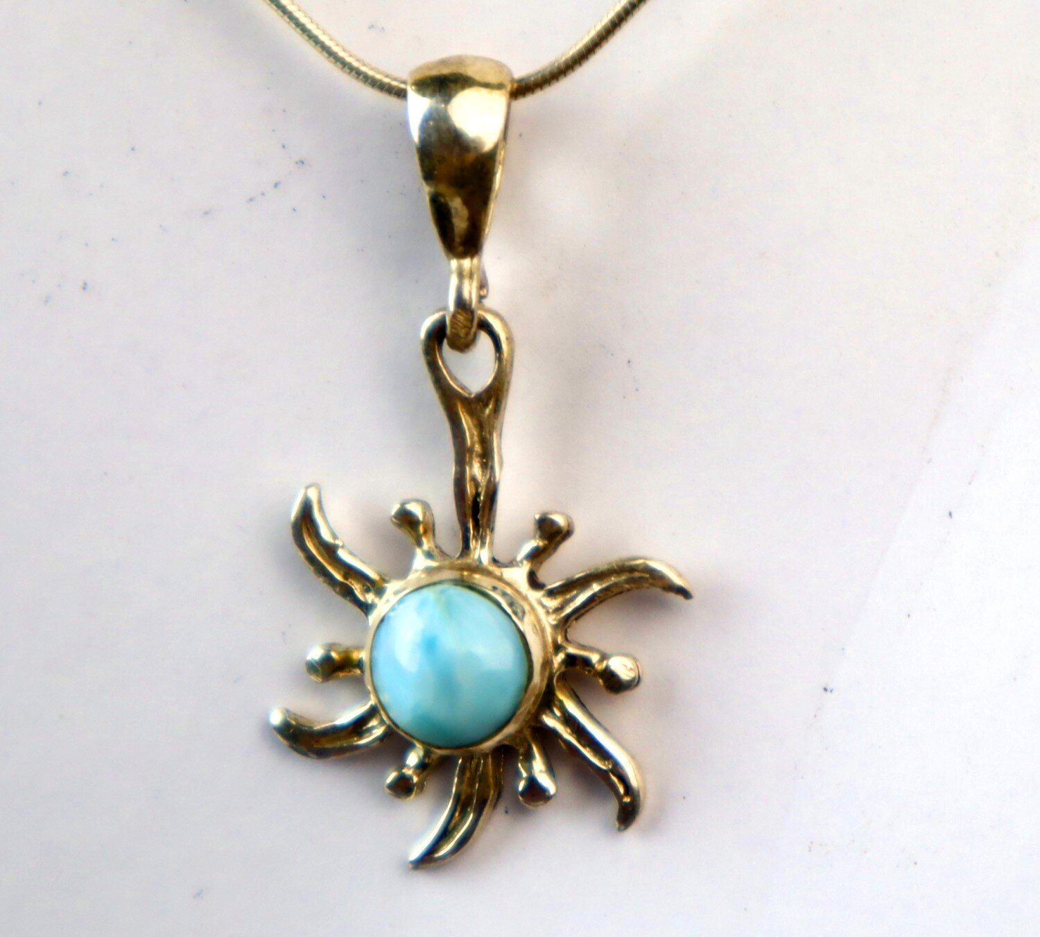 Sky Blue Larimar .925 Sterling Silver Sun Pendant w. Snake Chain Necklace 16 in – photo 5