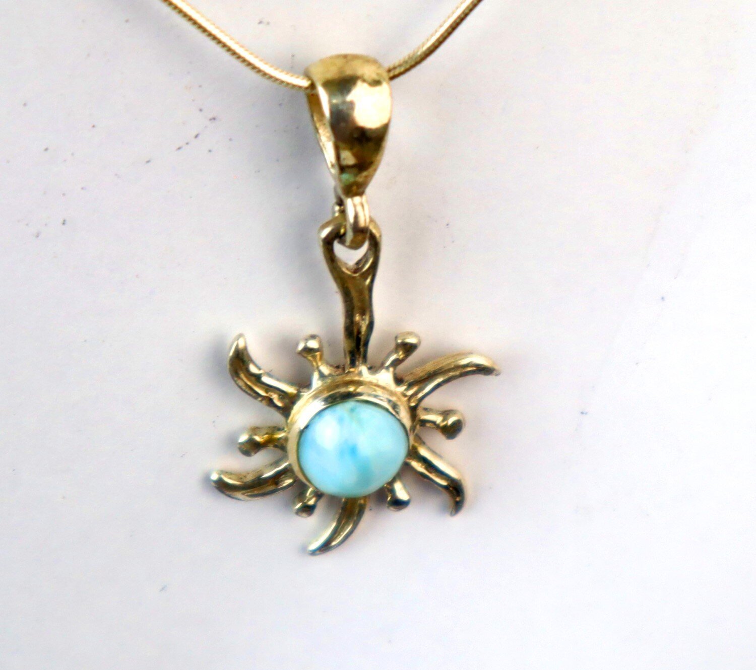 Sky Blue Larimar .925 Sterling Silver Sun Pendant w. Snake Chain Necklace 16 in – photo 7