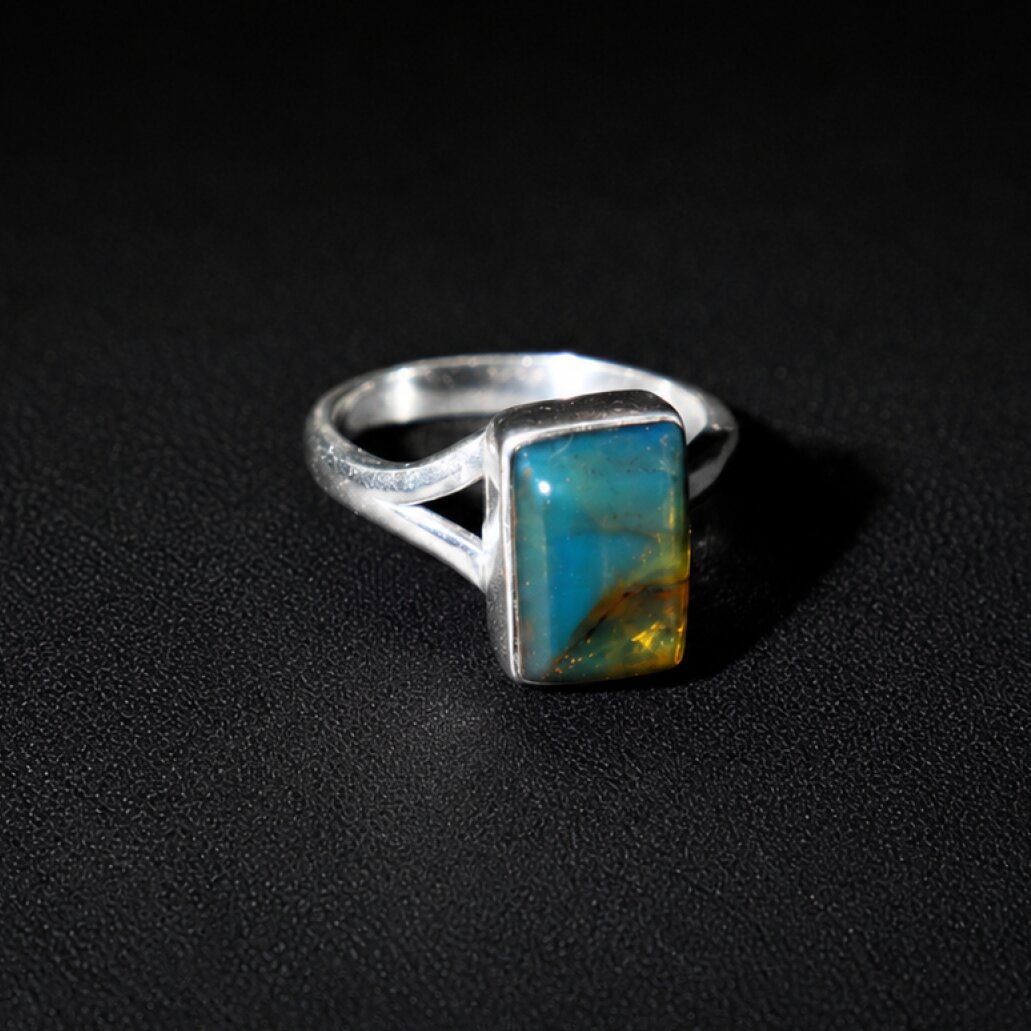 Island Crafted Turquoise Blue Dominican Amber 925 Sterling Silver Clear Rectangular Ring