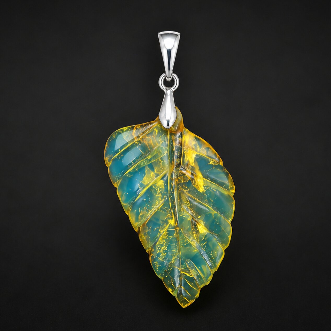 Clear cognac blue Natural Dominican Amber leaf 925 Sterling Silver Pendant 43 mm