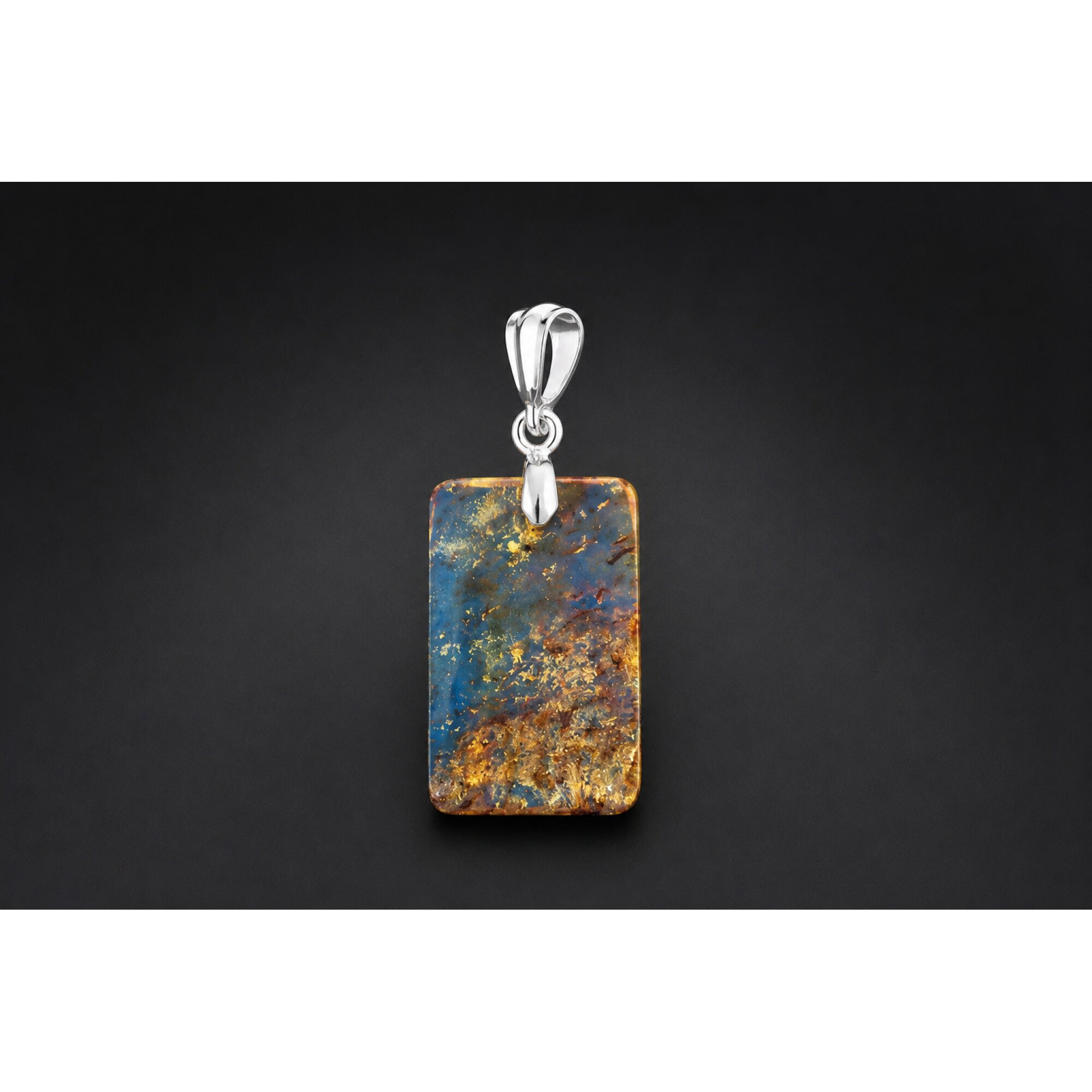 Clear fall blue Natural Dominican Amber flat 925 Sterling Silver Pendant 36 mm – photo 2