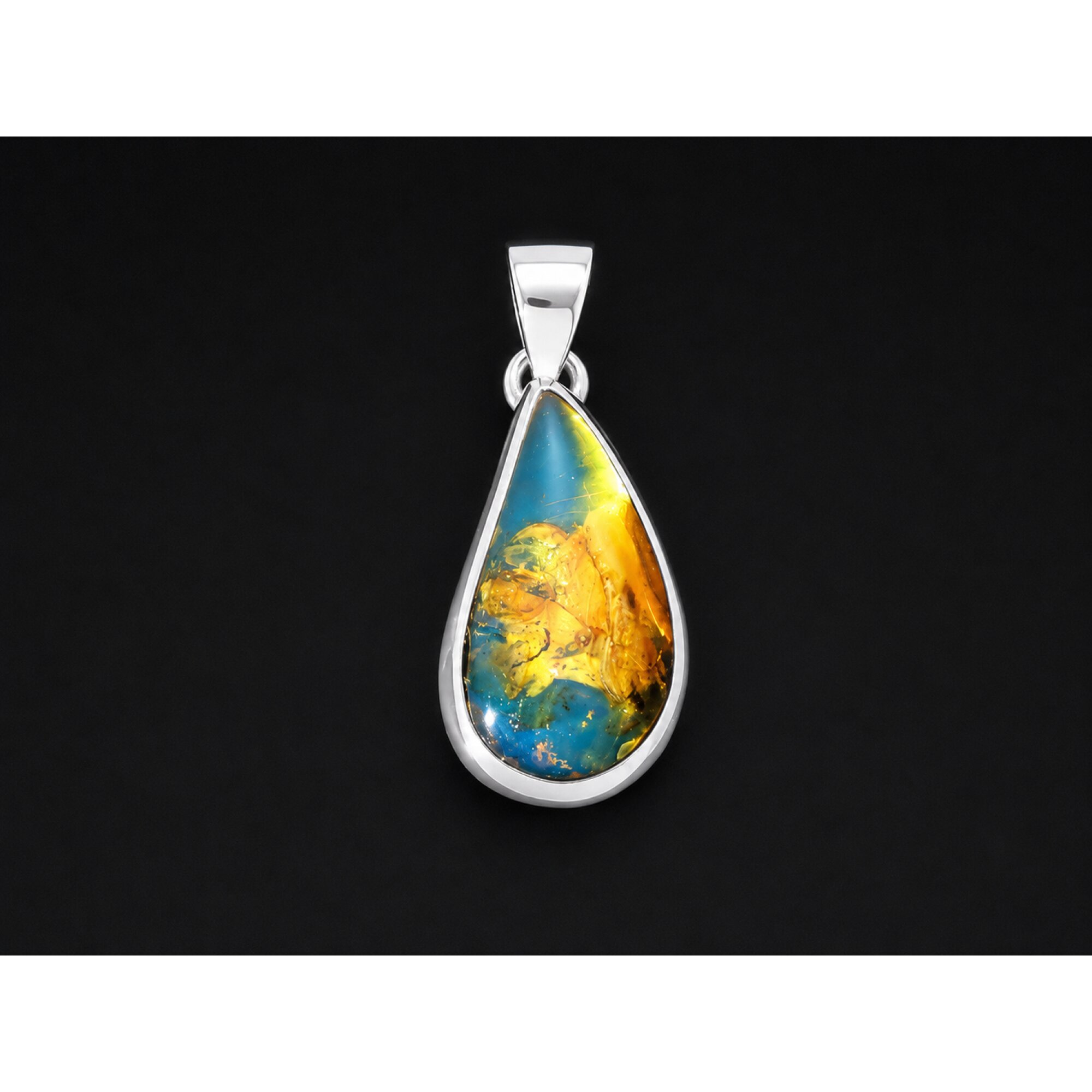 Translucent yellow blue Natural Dominican Amber drop 925 Sterling Pendant 33 mm – photo 5
