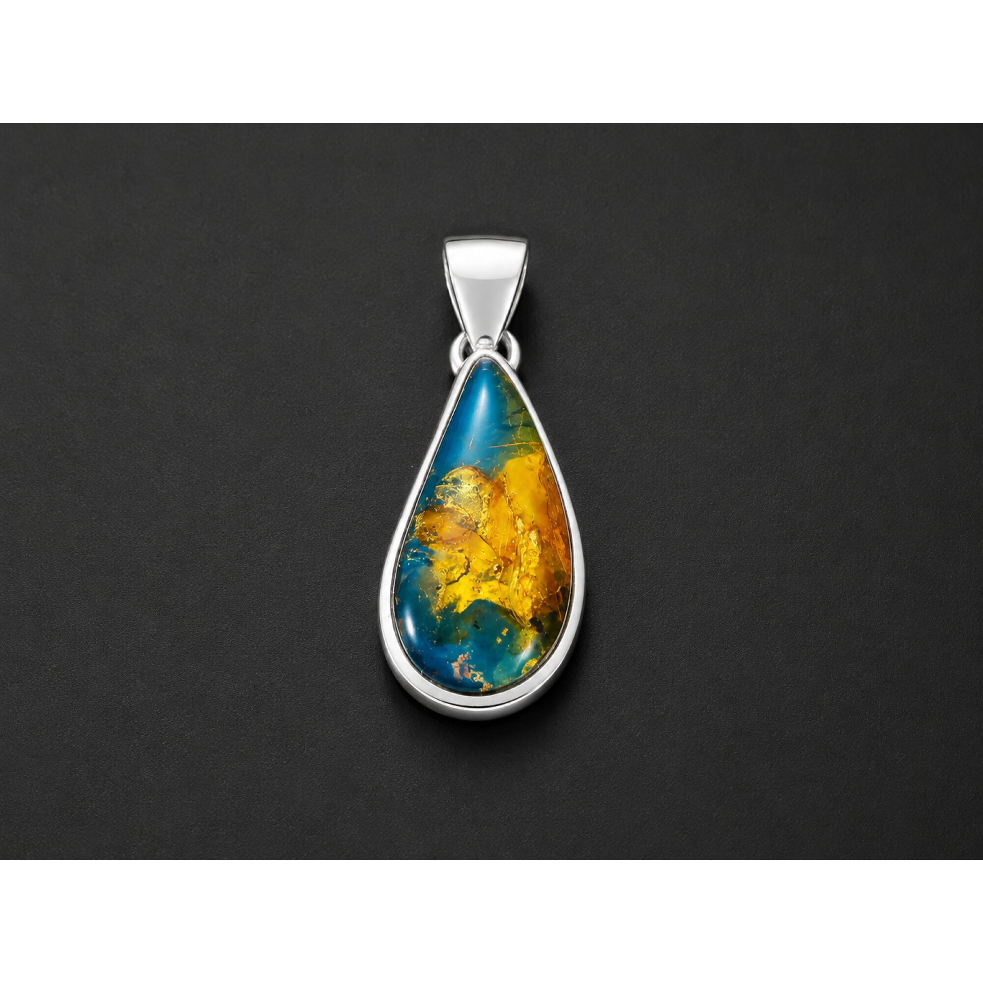Translucent yellow blue Natural Dominican Amber drop 925 Sterling Pendant 33 mm – photo 7