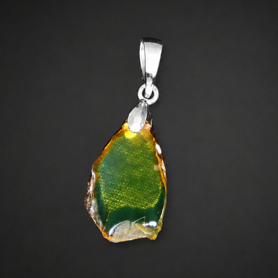 Clear green blue Natural Dominican Amber slice 925 Sterling Silver Pendant 32 mm