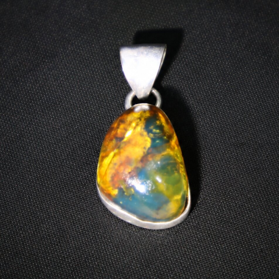 Clear cognac blue Natural Dominican Amber drop 925 Sterling Silver Pendant 25 mm