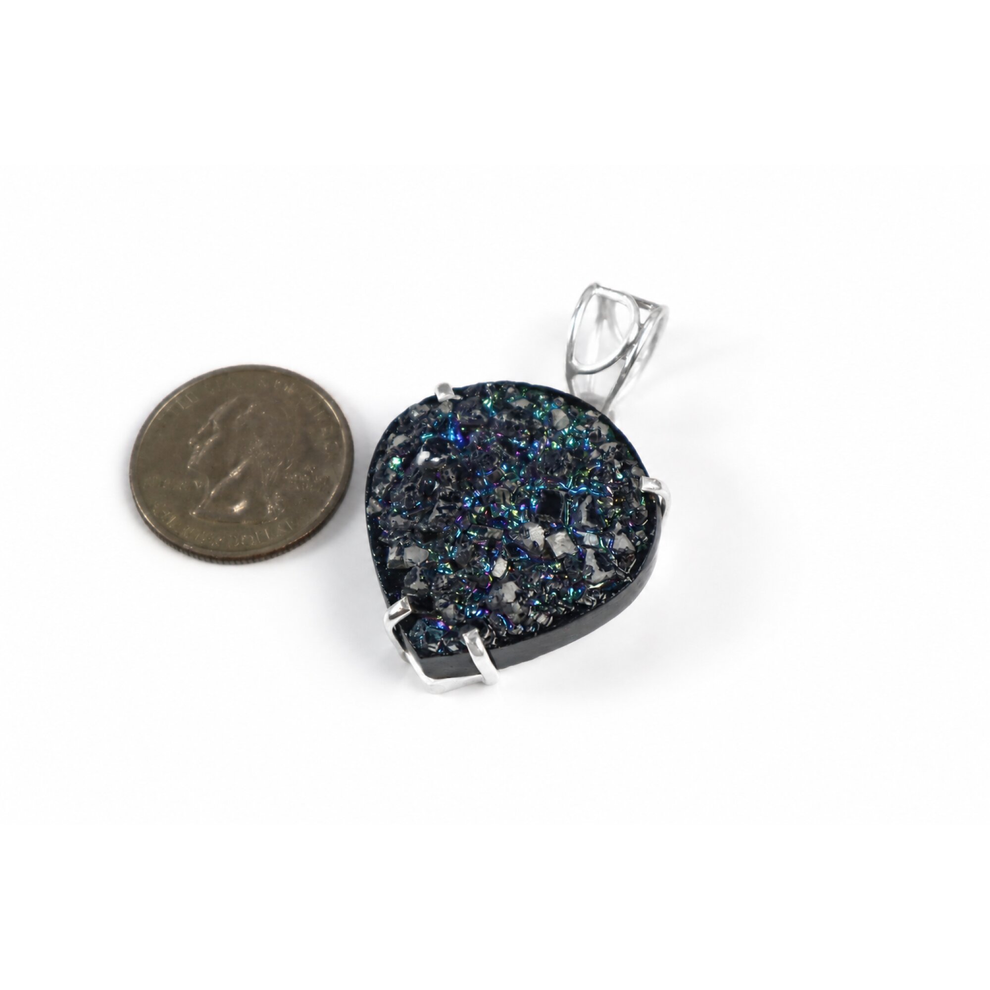 Clear dark blue green Natural Titanium Druzy Quartz heart 925 Pendant 50 mm – photo 2