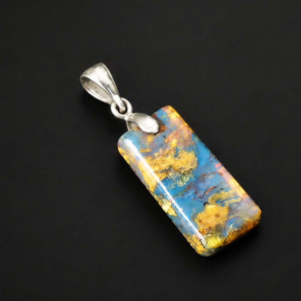 Real royal blue Dominican amber sterling silver pendant 36mm