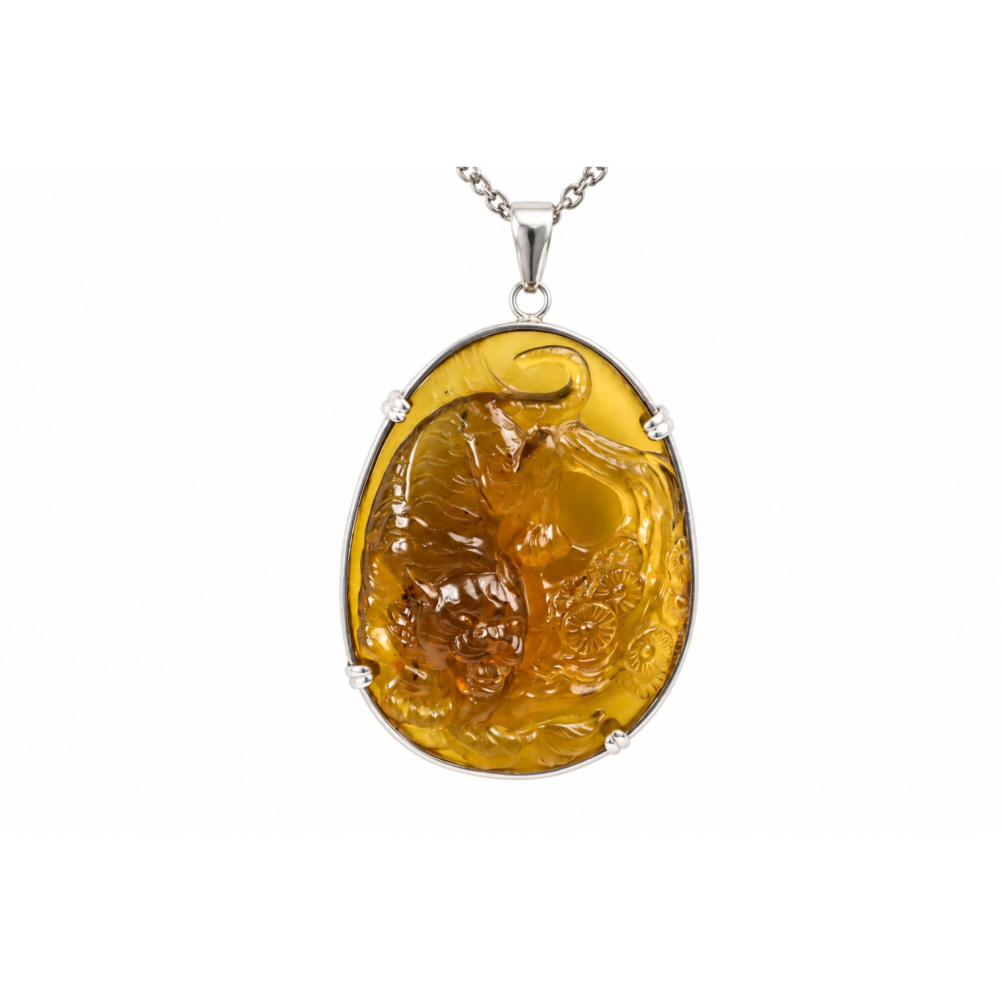 Hand Carved Tiger Dominican Green Amber Sterling Silver Pendant 64mm – photo 2