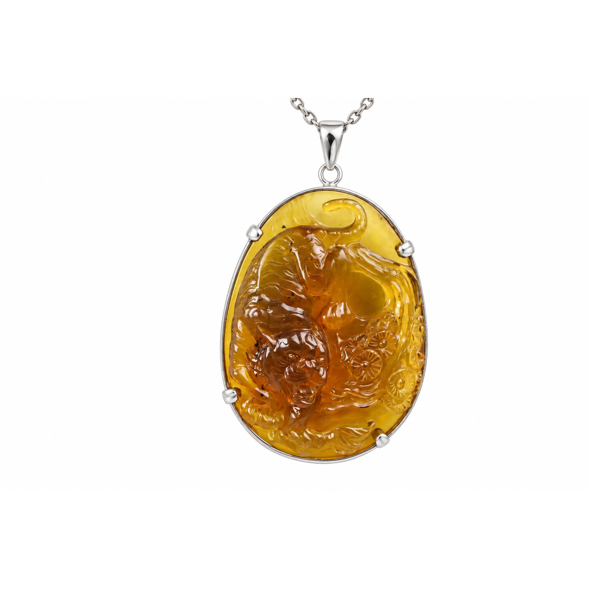 Hand Carved Tiger Dominican Green Amber Sterling Silver Pendant 64mm – photo 20