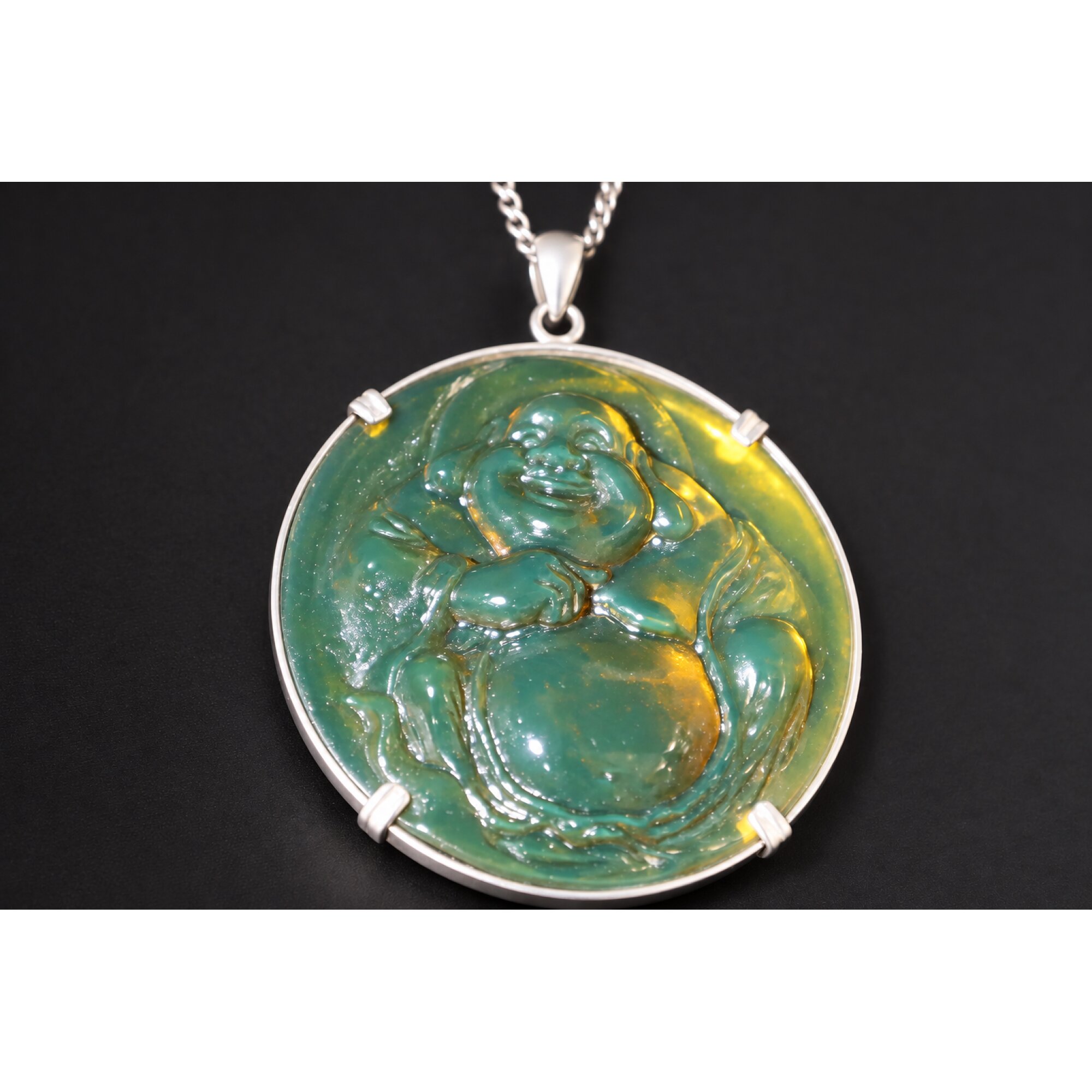 Expertly hand carved cognac green Dominican amber sterling silver pendant 63mm – photo 2