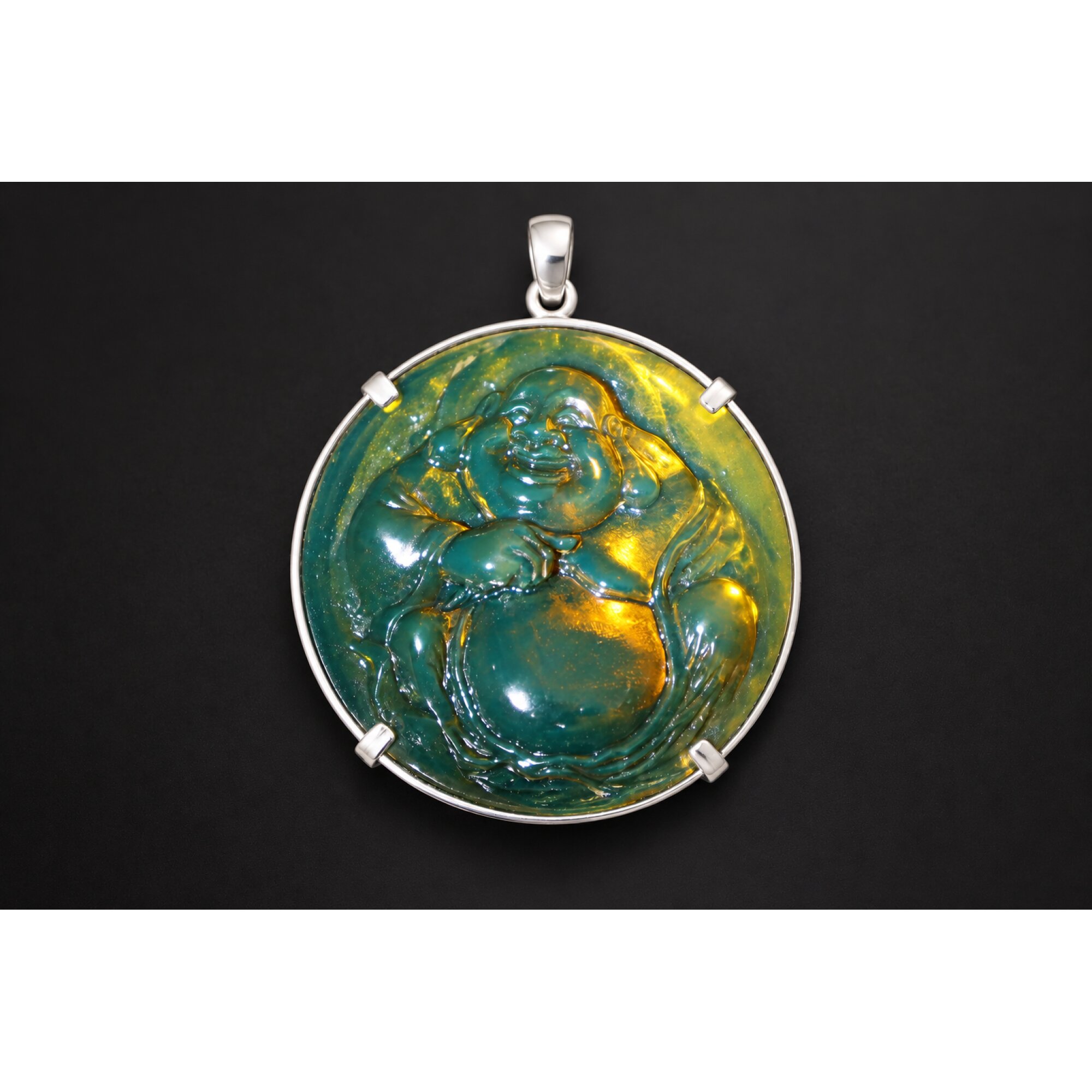 Expertly hand carved cognac green Dominican amber sterling silver pendant 63mm – photo 5