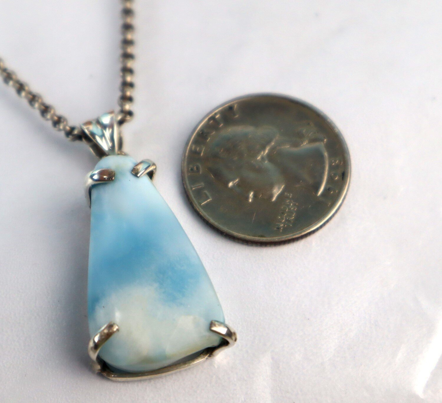 Unusual Natural Light Blue Larimar slice .925 Sterling Silver Pendant 42mm – photo 7