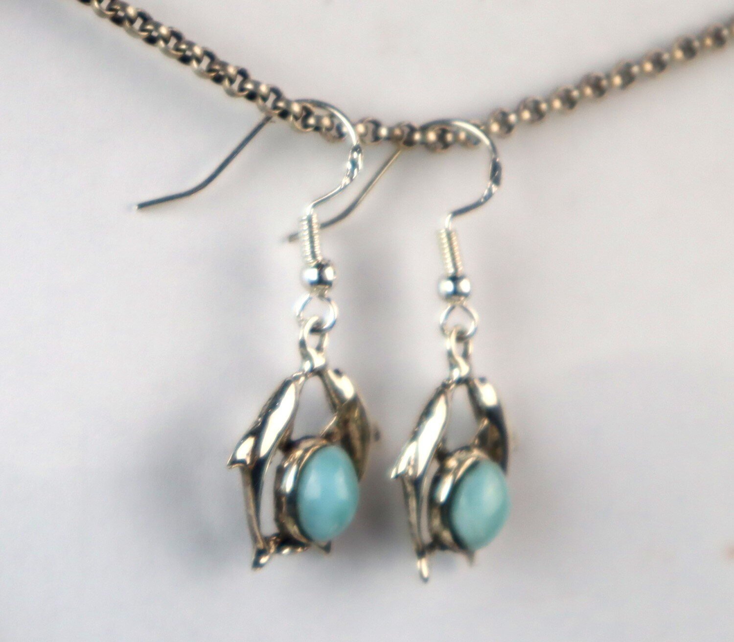 Beautiful Natural Light Blue Larimar .925 Sterling Silver Dolphin Earrings – photo 4