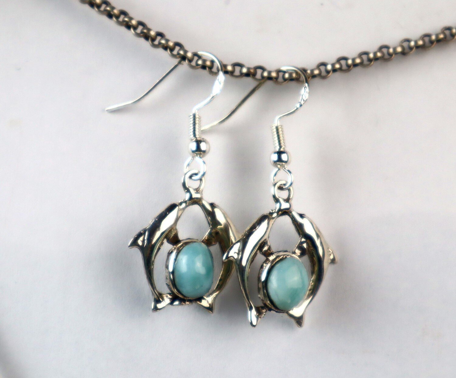 Beautiful Natural Light Blue Larimar .925 Sterling Silver Dolphin Earrings – photo 6