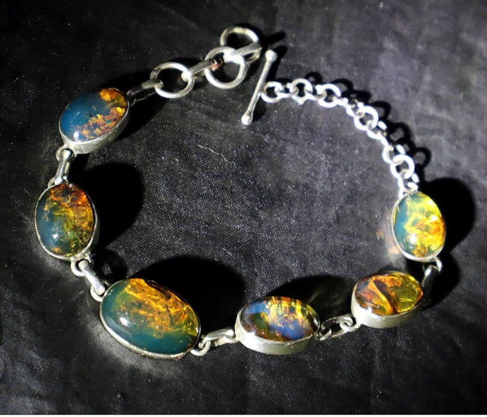 Quality Artisan Blue Green Dominican Amber 925 Sterling Silver Oval Bracelet 5"+ – photo 9