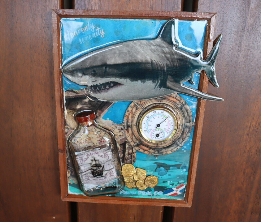 Wood artwork wall decoration Thermometer Hydrometer Shark Oceanic Treasure 12"