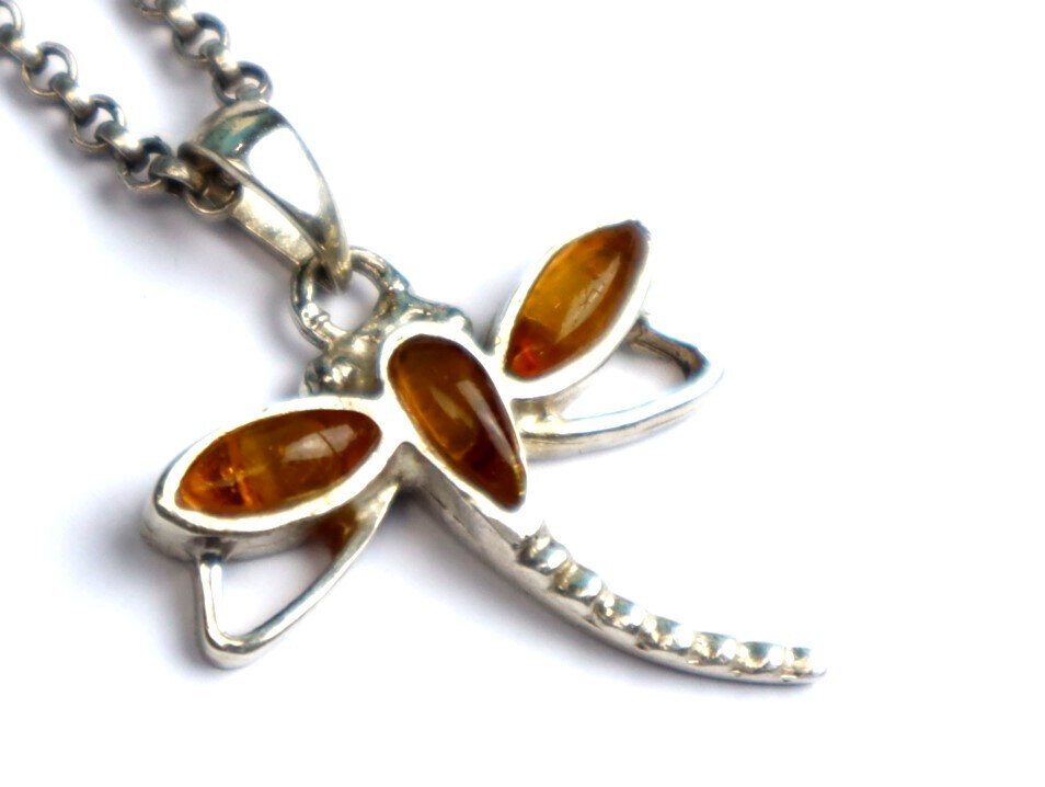 Natural Clear Yellow Orange Amber .925 Sterling Silver Dragonfly Pendant 34mm – photo 8