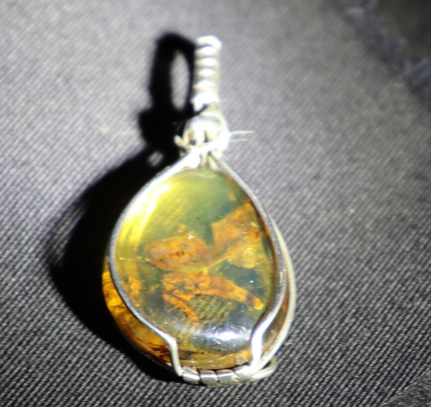 Handcrafted Natural Clear Green Amber wired .925 Sterling Silver Pendant 45mm – photo 6