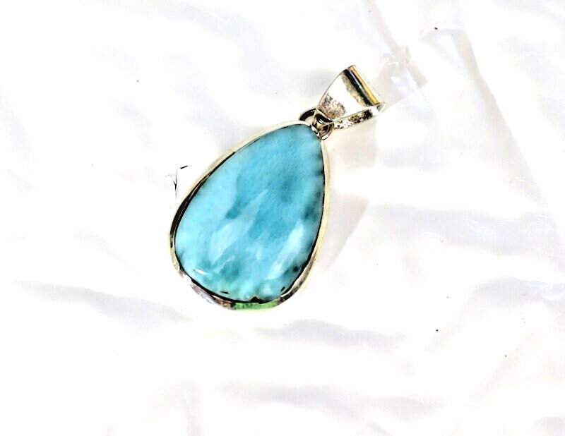 Excellent Natural Sky Blue Larimar .925 Sterling Silver Pendant 1.5inch