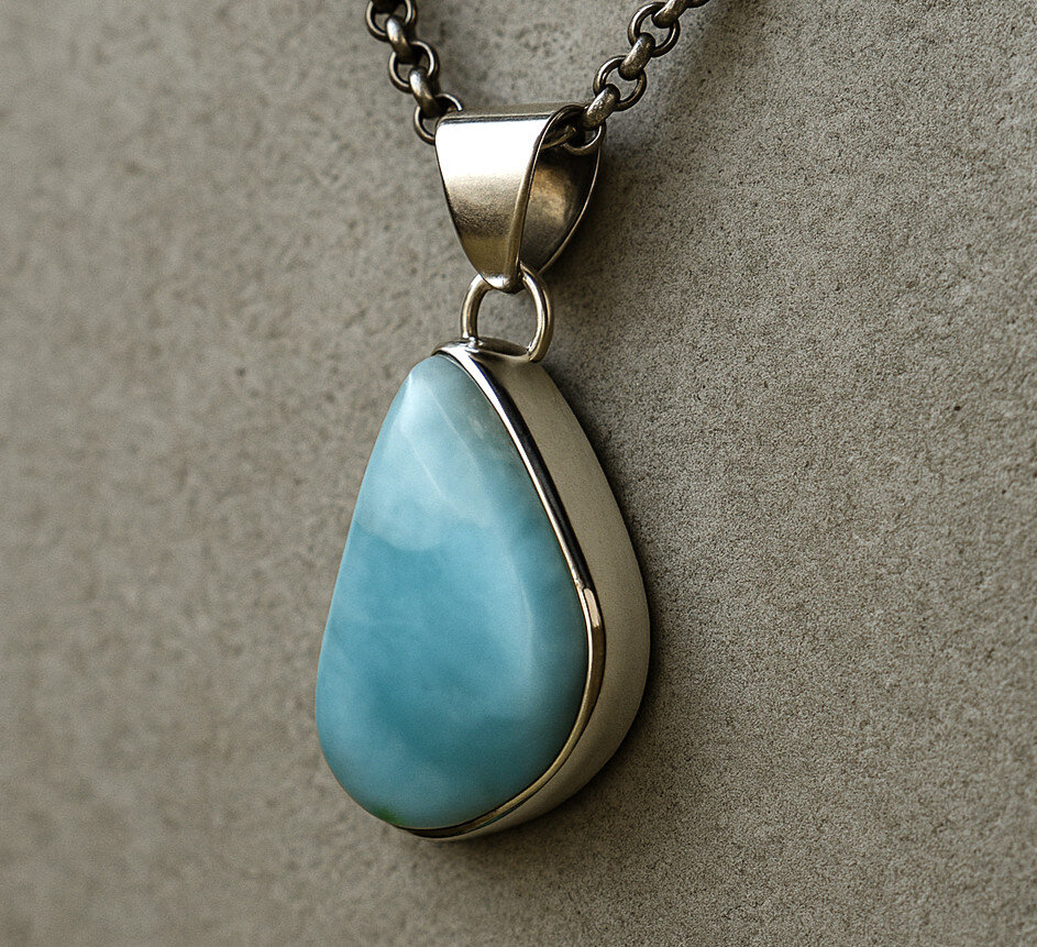 Beautiful Natural Light Blue Larimar .925 Sterling Silver Pendant 34mm – photo 4