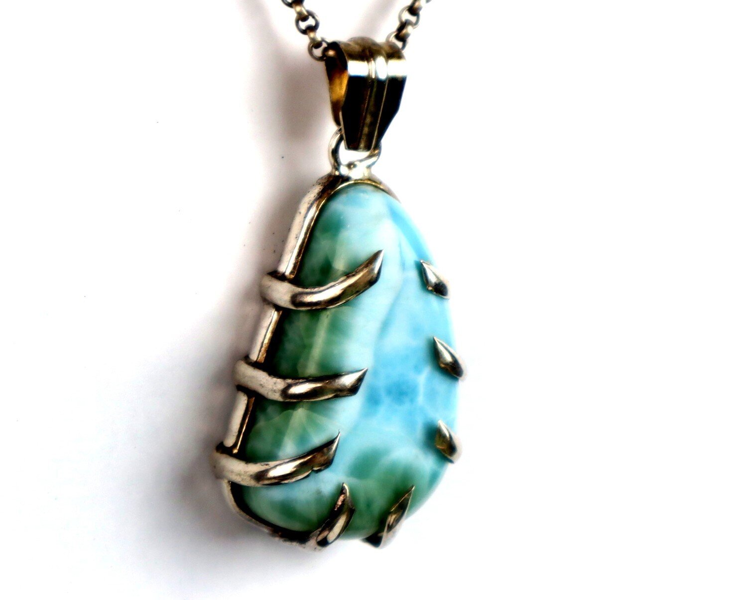 Charming Design Natural Green Blue Larimar .925 Sterling Silver Pendant 2.2 inch – photo 4