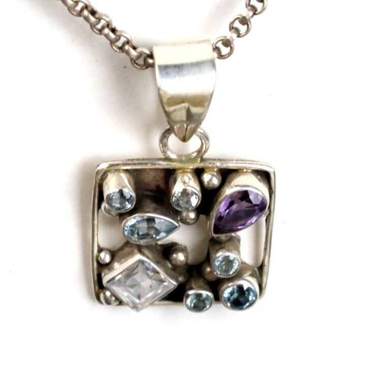 Vintage Natural Amethyst Aquamarine Zirconia 925 Sterling Silver Pendant 36mm – photo 4