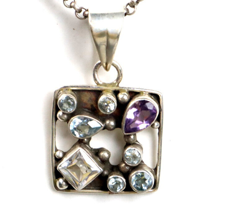 Vintage Natural Amethyst Aquamarine Zirconia 925 Sterling Silver Pendant 36mm – photo 7