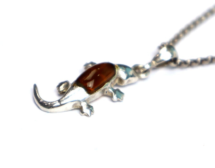 Natural Orange Red Amber .925 Sterling Silver Gecko Leguan Pendant 41mm – photo 7