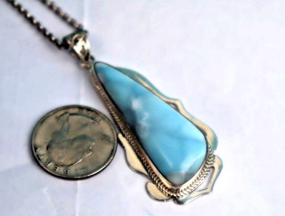 Impressive Natural Light Blue Real Larimar .925 Sterling Silver Pendant 65mm – photo 3