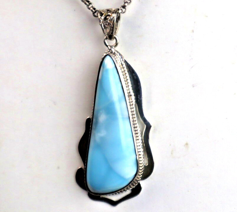 Impressive Natural Light Blue Real Larimar .925 Sterling Silver Pendant 65mm – photo 4