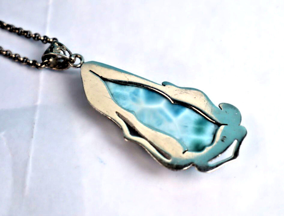 Impressive Natural Light Blue Real Larimar .925 Sterling Silver Pendant 65mm – photo 8