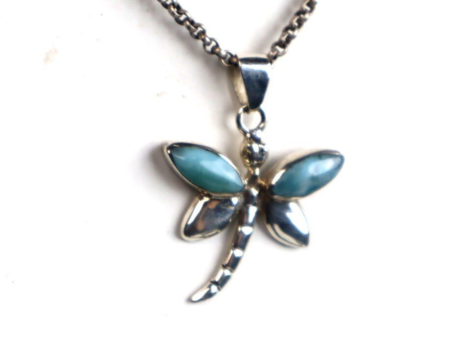 Natural Light Blue Larimar .925 Sterling Silver Dragonfly Pendant 37mm – photo 4