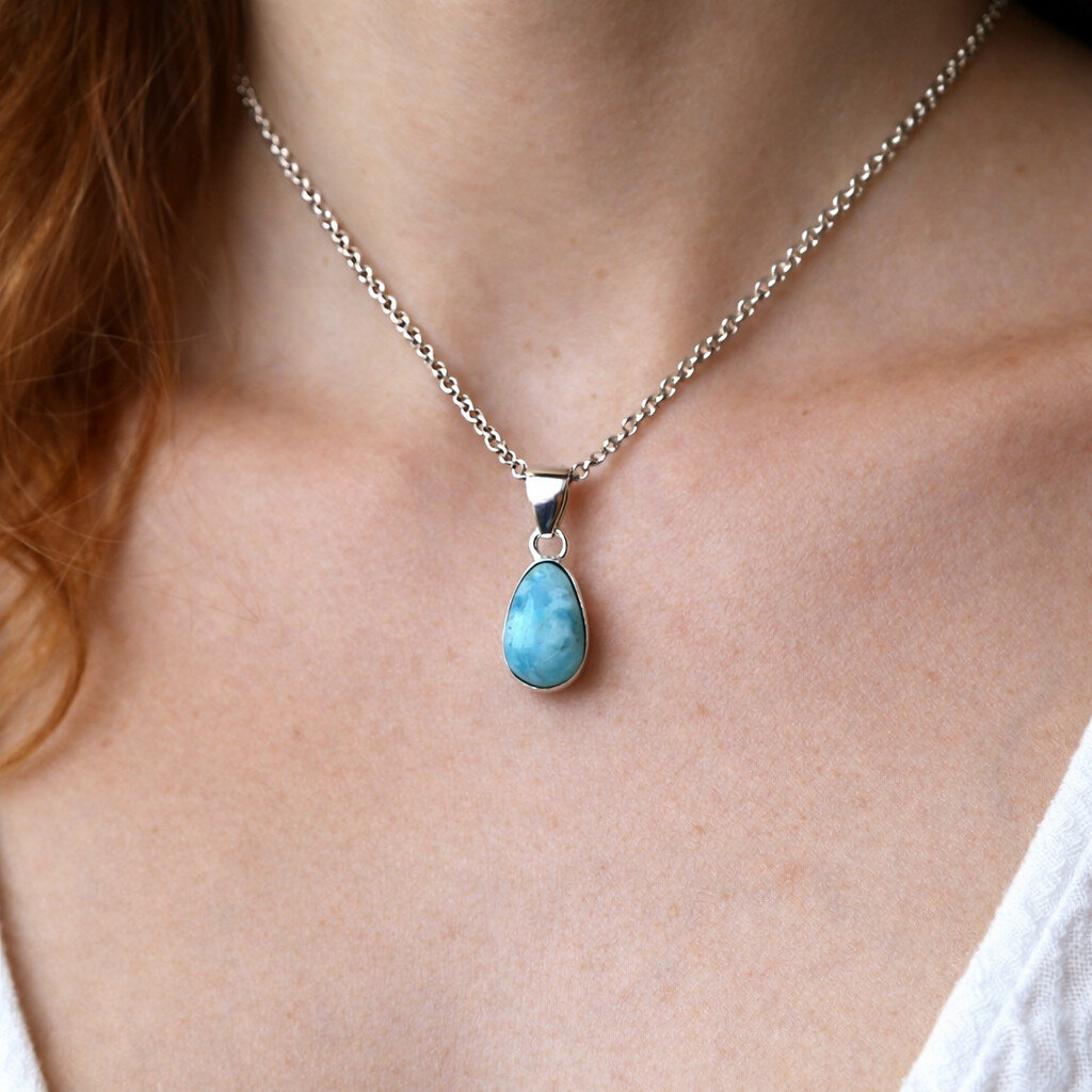 Natural Sky Blue Larimar .925 Sterling Silver Pendant 29mm