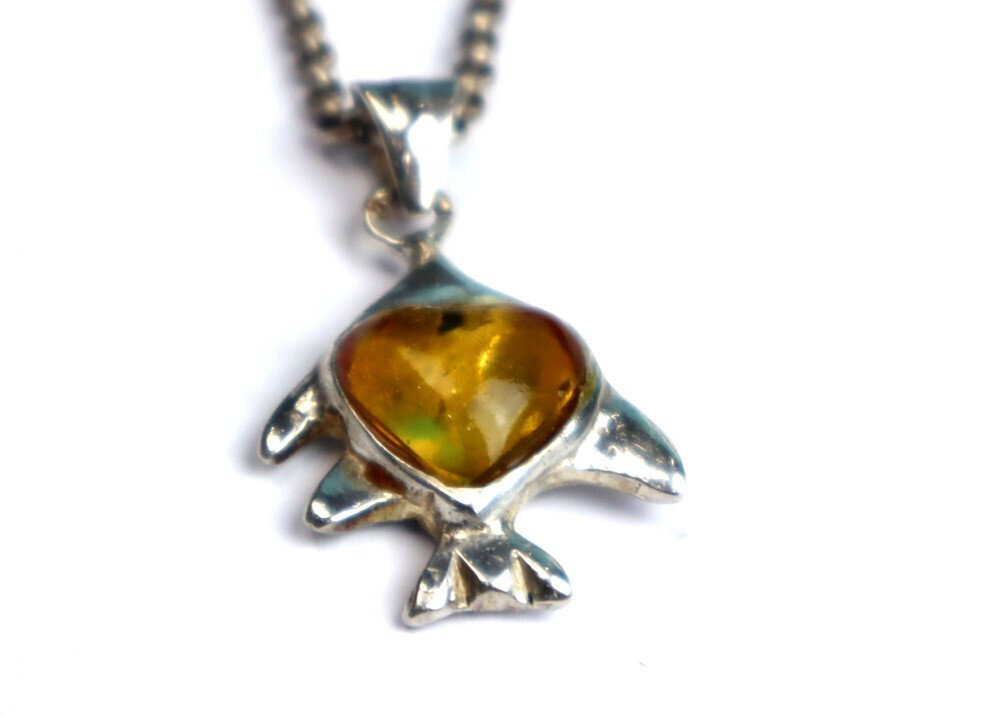 Natural Clear Orange Yellow Amber .925 Sterling Silver Fish Heart Pendant 36mm – photo 8