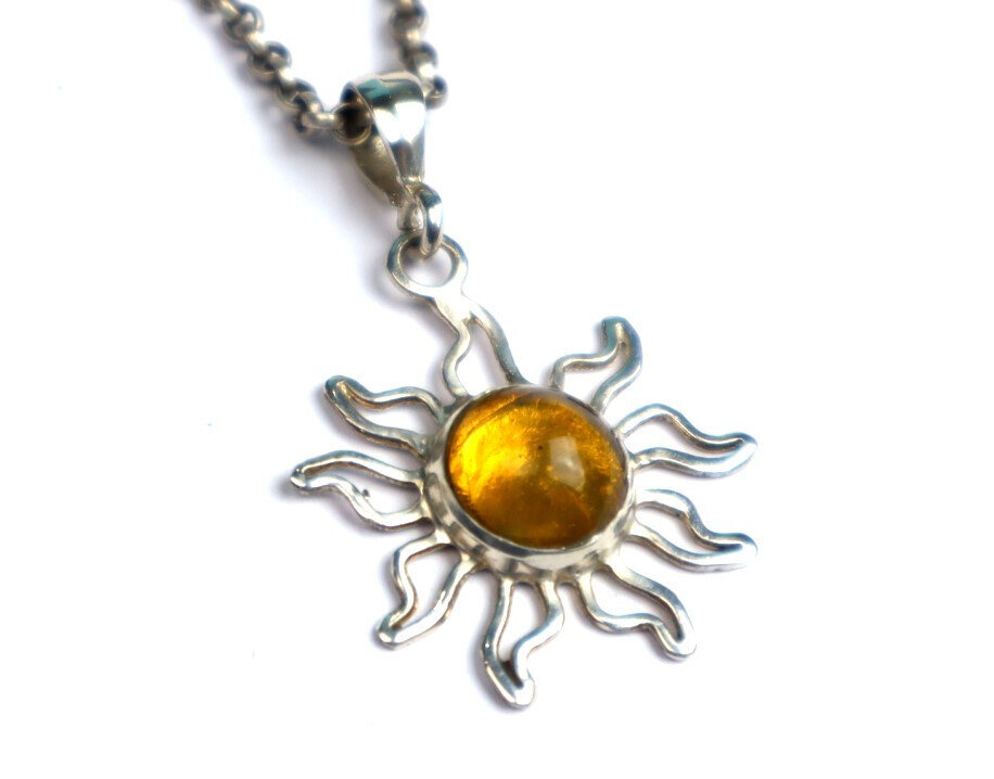 Lovely Natural Clear Orange Yellow Amber .925 Sterling Silver Sun Pendant 38mm – photo 3