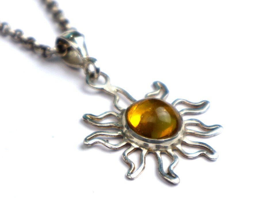 Lovely Natural Clear Orange Yellow Amber .925 Sterling Silver Sun Pendant 38mm – photo 4